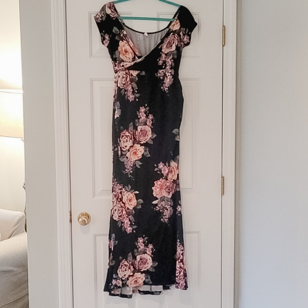 Pink Blush Navy Floral Off Shoulder Wrap Maternity Photoshoot Gown/Dress